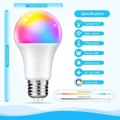 Lâmpada LED colorida E27 com especificações técnicas
