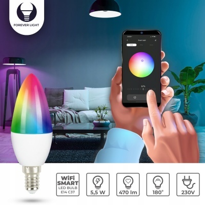 Lâmpada LED inteligente colorida controlada por smartphone num ambiente de sala