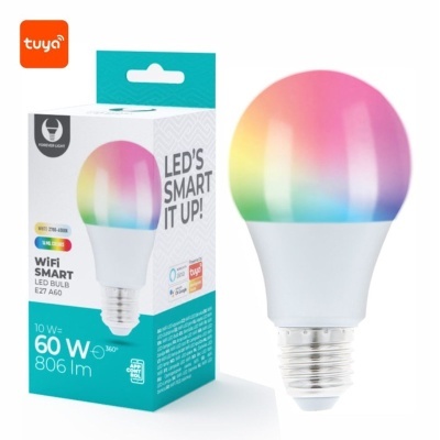 Lâmpada LED inteligente WiFi branca com topo colorido e embalagem azul e branca