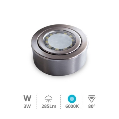 Luz LED redonda metálica com centro transparente e ícones técnicos abaixo