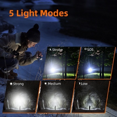 Pessoa segurando lanterna com cinco modos de luz à noite perto de um rio