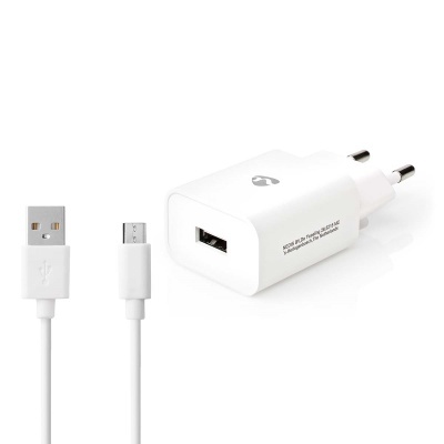 Carregador UBS branco com cabo USB e conector micro USB