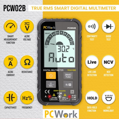 Multímetro digital inteligente PCWork PCW02B preto com visor e ícones de funções