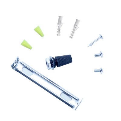 Conjunto de acessórios para montagem com barra metálica, buchas, tampões, cones e parafusos