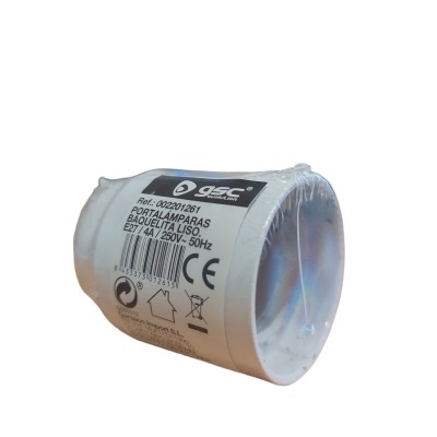 Porta-lâmpadas branco cilíndrico com etiqueta preta e branca