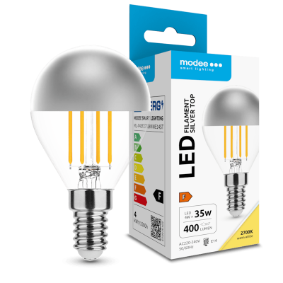 Lâmpada LED filament prata topo com embalagem da marca modee smart lighting