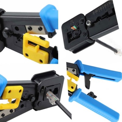 Ferramenta de crimpagem para cabos de rede com cabos pretos, partes amarelas e cabos de manuseamento azuis