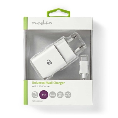 Carregador de parede universal branco com cabo USB-C na embalagem da marca Nedis
