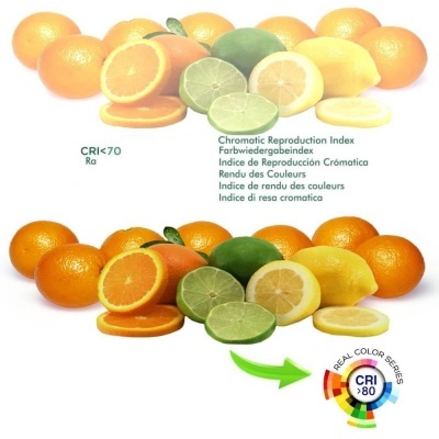 Frutas cítricas inteiras e cortadas com texto sobre índice de reprodução cromática CRI>80 e CRI<70