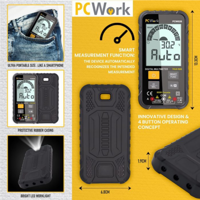 Multímetro digital preto PCWork com ecrã LCD, carcaça de borracha, luz LED e medições destacadas