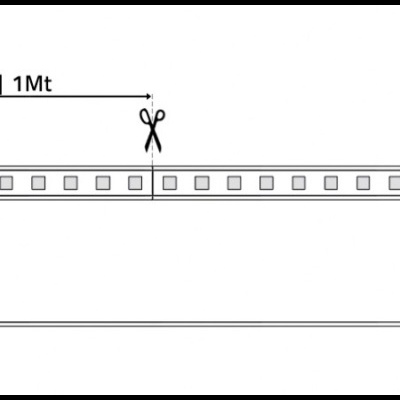 Tira branca com quadrados perfurados e símbolo de tesoura para corte a cada 1 metro