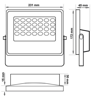 Desenho técnico de projetor LED retangular com 30 LEDs e medidas indicadas.