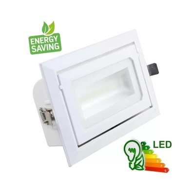 Lâmpada LED quadrada embutida com moldura branca e etiquetas ENERGY SAVING e LED
