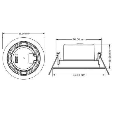 Desenho técnico de foco de luz embutido circular branco com medidas.