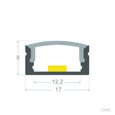 Perfil técnico em corte com dimensões 8 mm altura e 17 mm largura
