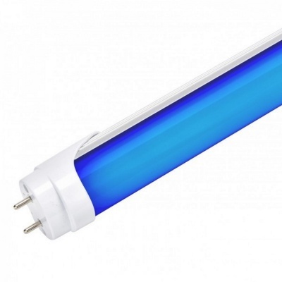 Tubo LED azul com extremidades brancas e pinos metálicos