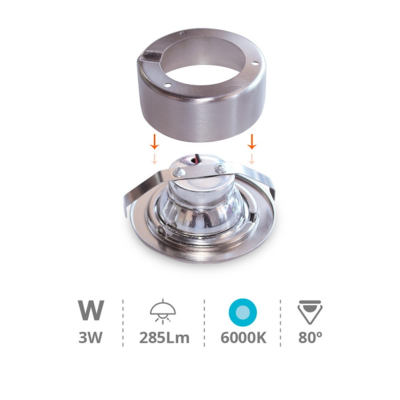 Luz embutida metálica prateada com especificações técnicas ao lado