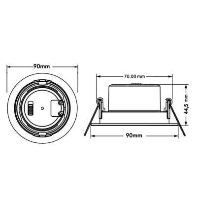 Diagrama técnico de dispositivo redondo com dimensões e clips laterais