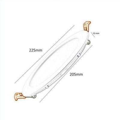 Placa de iluminação embutida branca oval com medidas técnicas e fixadores dourados