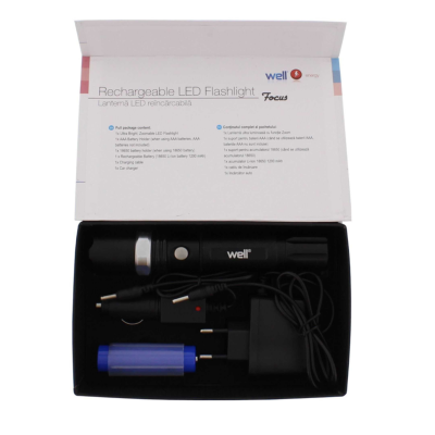 Lanterna LED recarregável preta com carregador e bateria em caixa