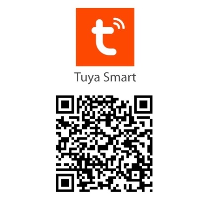 Código QR preto e branco com logótipo Tuya Smart laranja e texto