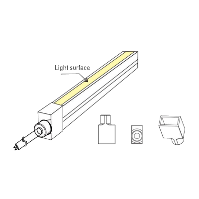 Desenho técnico de tubo de luz retangular com superfície luminosa e três peças acessórias