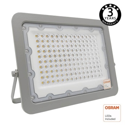 Refletor LED cinzento com LEDs visíveis e selo de garantia