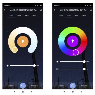 Aplicação móvel de controlo de lâmpada RGB em fundo de céu noturno