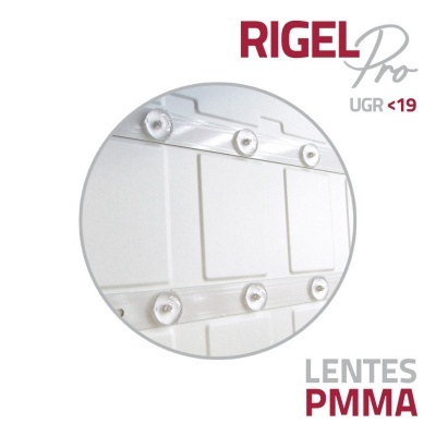 Lentes transparentes de PMMA com seis pontos de fixação em suporte branco, texto RIGEL Pro, UGR <19, LENTES PMMA