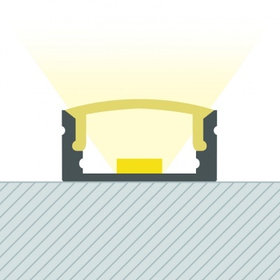 Rampa de luz LED preta com difusor amarelo embutida em superfície cinzenta