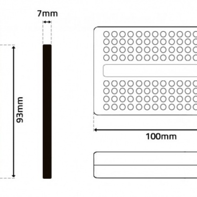 Desenho técnico com medidas de dois objetos retangulares e padrão de círculos num deles