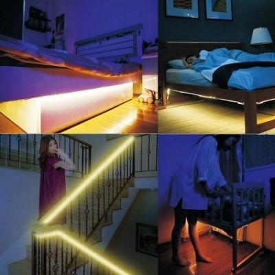 Várias cenas domésticas com fitas LED instaladas em camas, corrimão e berço