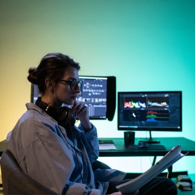 Mulher com óculos e auscultadores a analisar papéis diante de dois monitores com gráficos