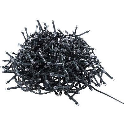 Cabo de luz com pequenas lâmpadas LED e fios pretos num fundo branco