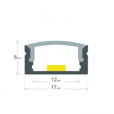 Ilustração técnica de peça com dimensões 8mm altura, 17mm largura e área amarela interna