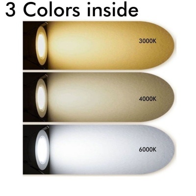 Três tons de luz LED em superfícies ovais com texto 3 Colors inside