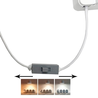 Interruptor deslizante cinzento com cabo branco e diferentes temperaturas de cor da luz (3000, 4000, 6000)