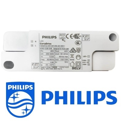 Driver LED Philips CertaDrive branco com especificações técnicas e símbolos de certificação