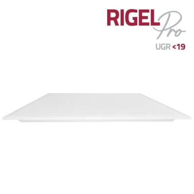 Placa branca quadrada com texto RIGEL Pro UGR < 19 no canto superior direito