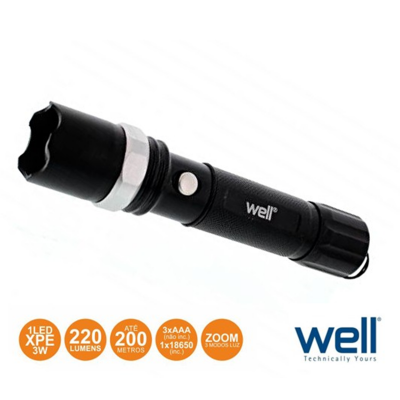 Lanterna preta Well com texto e ícones laranja