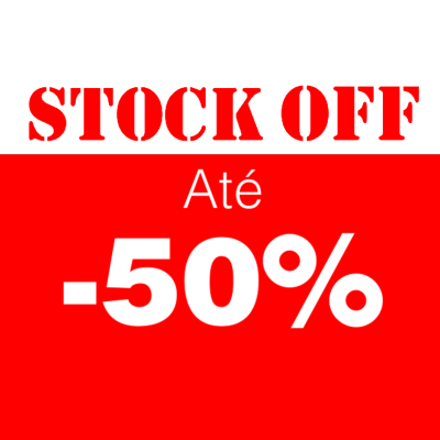 Banner vermelho e preto com texto de desconto 'STOCK OFF Até -50%'