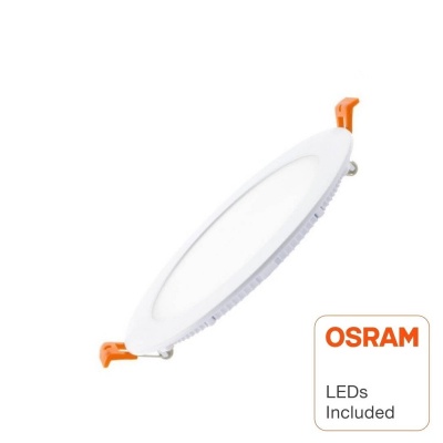 Painel de luz LED redondo branco com fixação laranja e etiqueta OSRAM