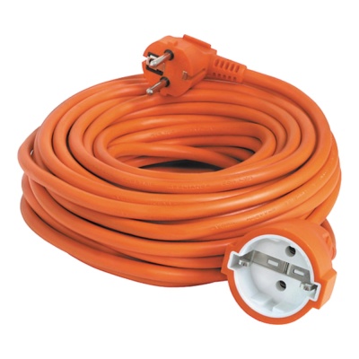Extensa cablagem elétrica laranja com plugues macho e fêmea