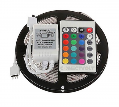 Fita LED com controlador e telecomando multicolorido em fundo branco