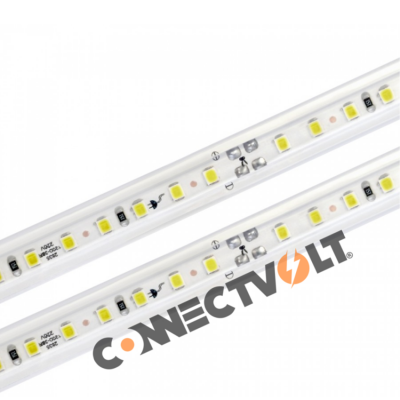 Tiras LED flexíveis brancas com diodos amarelos e texto CONNECTVOLT