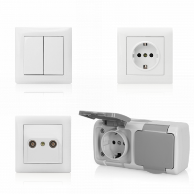 Tomadas e interruptores de parede brancos incluindo tomada exterior com tampa cinza