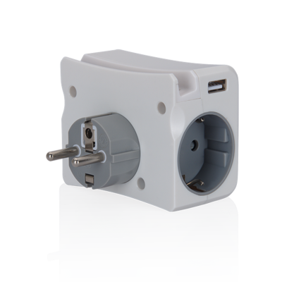 Tomada elétrica adaptadora branca com múltiplas saídas e USB