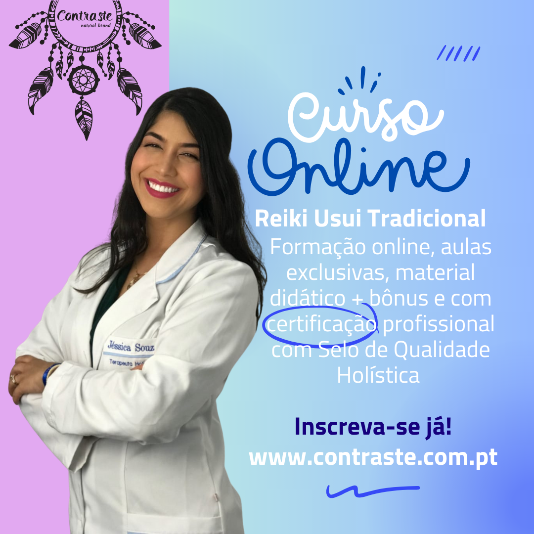Mulher sorridente com bata branca ao lado de texto promocional de curso online Reiki Usui Tradicional