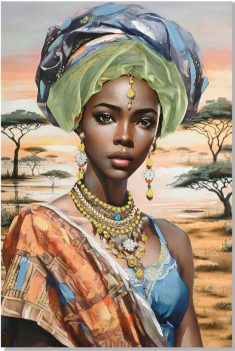 Pintura de mulher africana com turbante azul e verde, joias amarelas, fundo savana com árvores