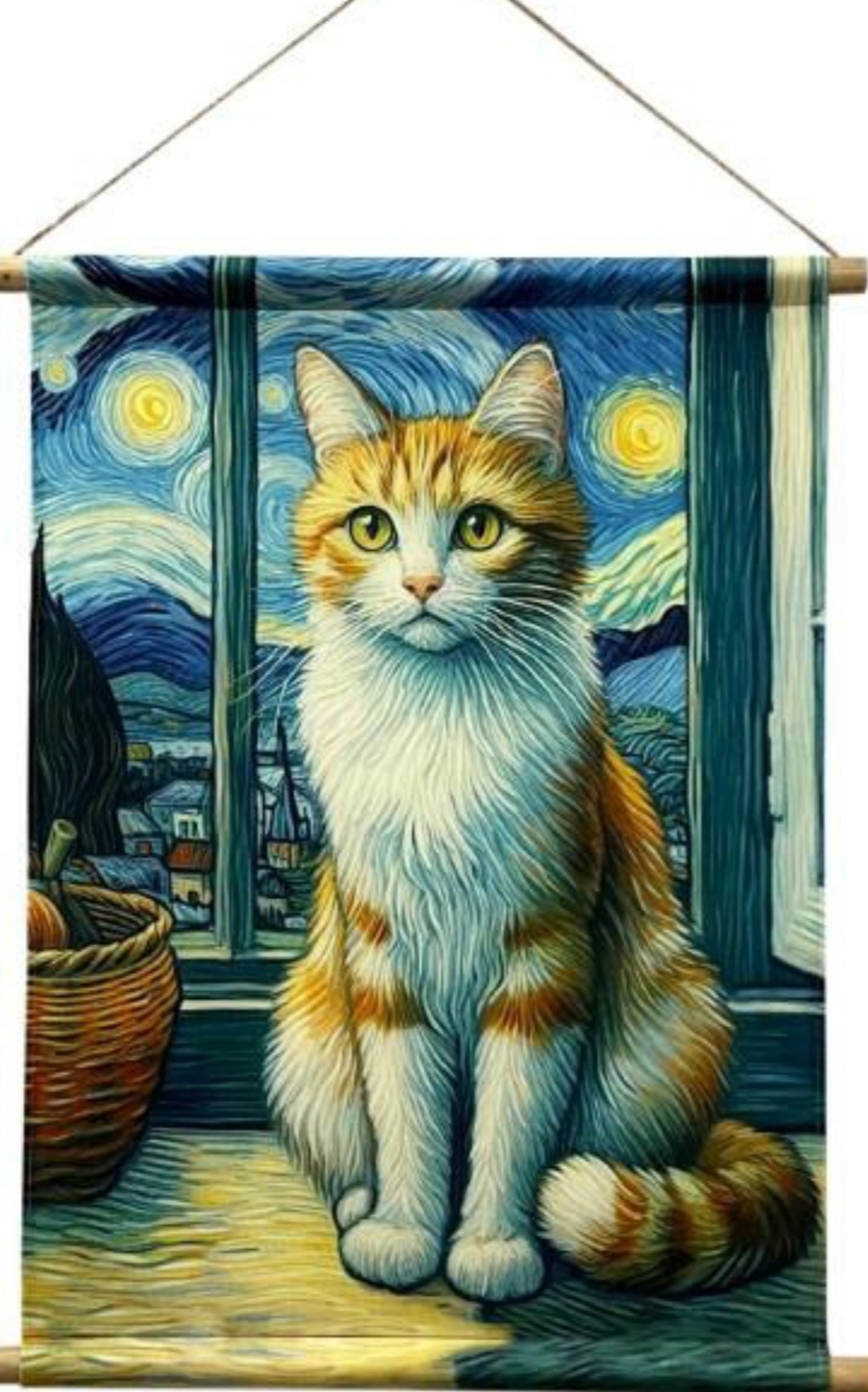 Cartaz com ilustração de gato laranja e branco e paisagem noturna em estilo Van Gogh